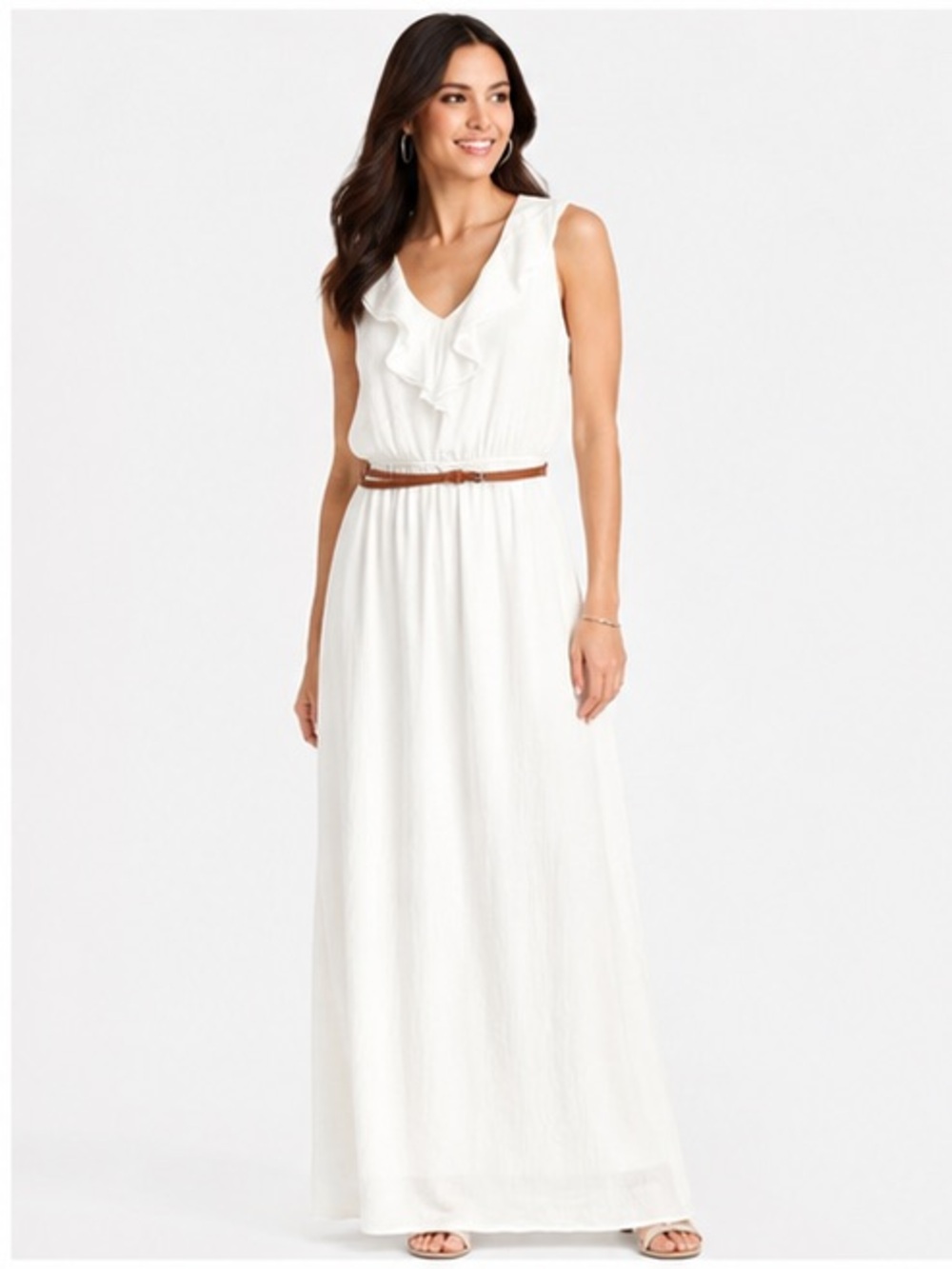 Apt. 9 White Ruffle Maxi Dress with Brown Belt Size M